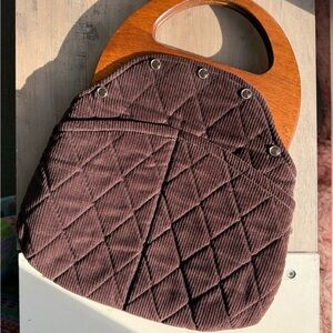 Quilted Brown Corduroy Tote with Wooden Handles